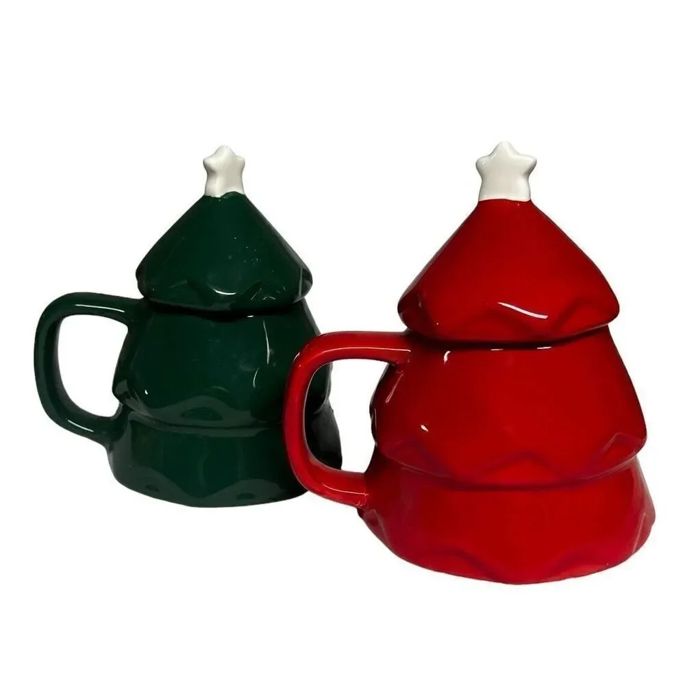 Rae Dunn JOY Red and Green Christmas Tree Mug With Tree Topper/Lid - Picture 4 of 8